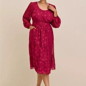 Torrid Beaujolais Burgundy Midi Clip Dot Chiffon Tiered Dress in Size 1 (14/16)